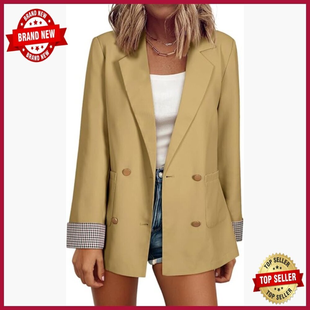 Plaid Cuff Double Breasted Blazer for Business Casual Office Wear
